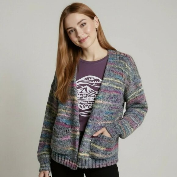 ANTHROPOLOGIE x T.LA Malia Rainbow Cardigan Gray Marled Sweater Size Medium - Picture 1 of 11
